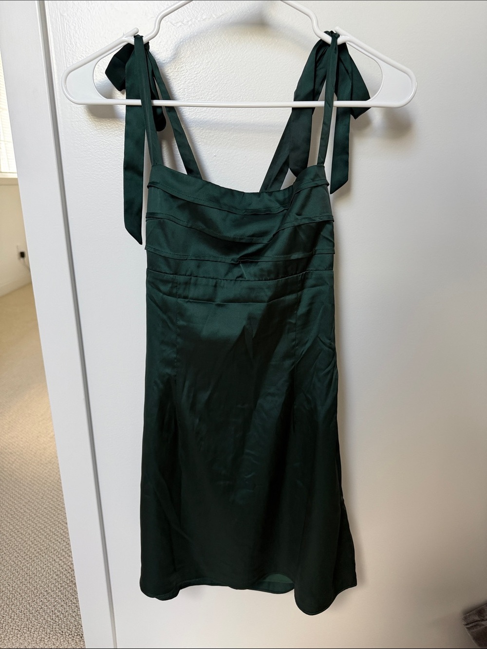 Beginning Boutique Dark Green Satin Tie-Shoulder Midi Dress